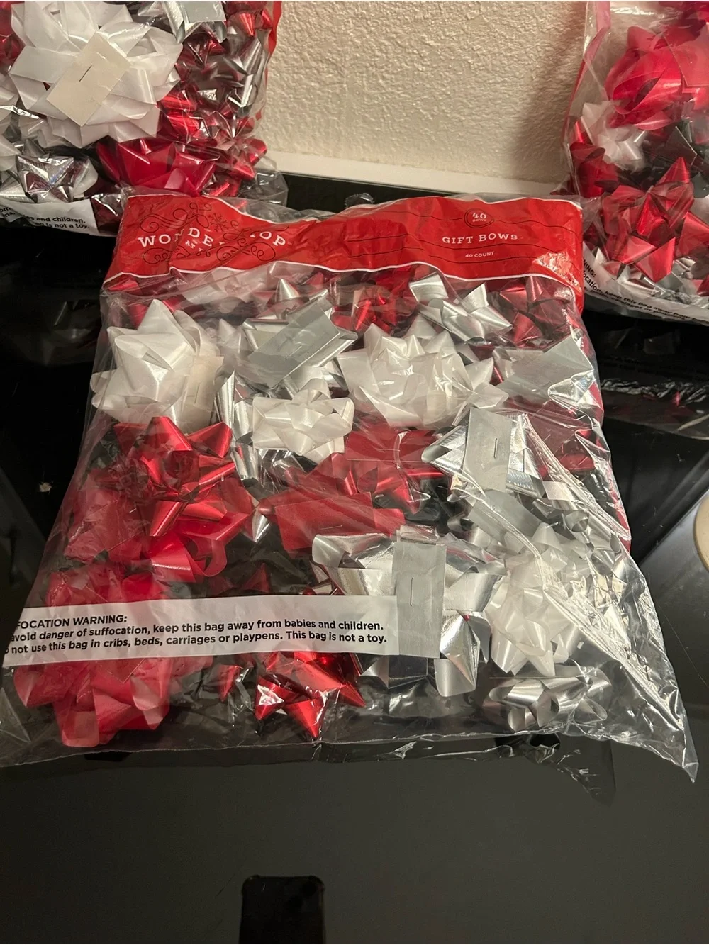 Bundle set of 3 Christmas gift adhesive bows 40 count each bag, 120 count total